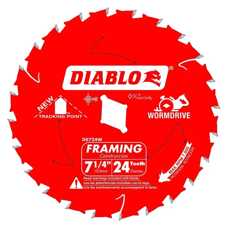 Diablo D0724W Circular Saw Blade, 7-1/4 in Dia, 5/8 in Arbor, 10,000 rpm, 24-Teeth, Carbide Cutting Edge (Pack of 10)