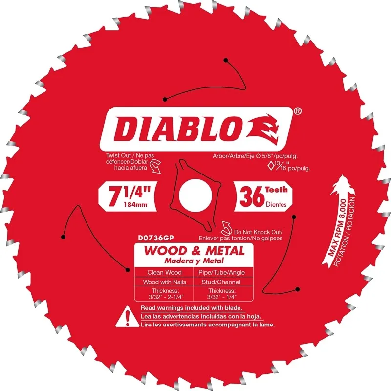 Diablo D0736GPA Circular Saw Blade, 7-1/4 in Dia, 5/8 in Arbor, 36-Teeth, TiCo Cutting Edge (Pack of 5)