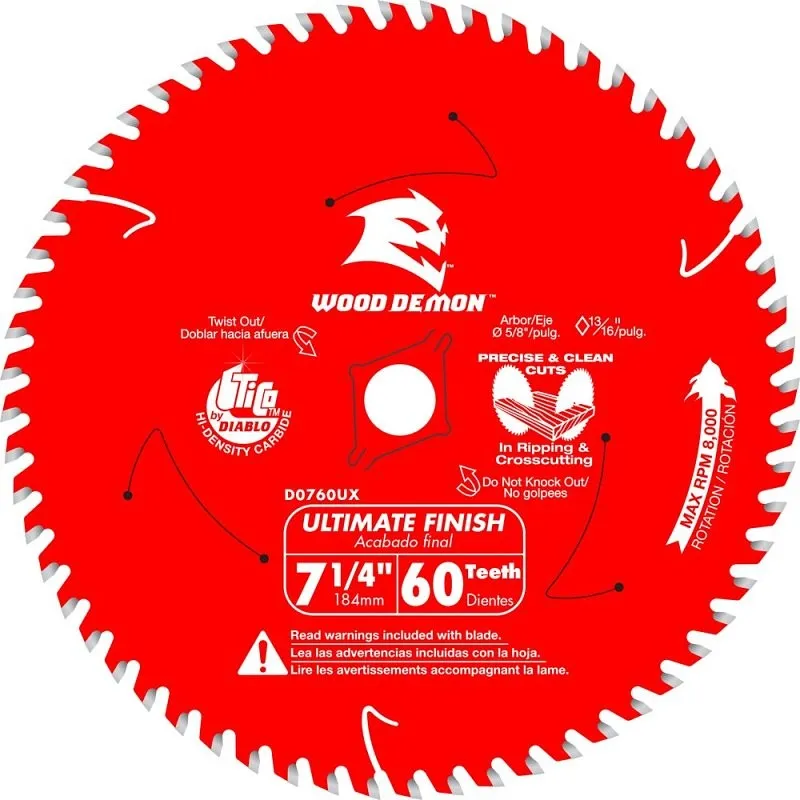Diablo D0760UXA Saw Blade, 7-1/4 in Dia, 5/8 in Arbor, 60-Teeth, Carbide Cutting Edge, Applicable Materials: Wood (Pack of 10)