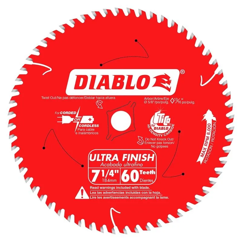 Diablo D0760X Circular Saw Blade, 7-1/4 in Dia, 5/8 in Arbor, 60-Teeth, TiCo Cutting Edge