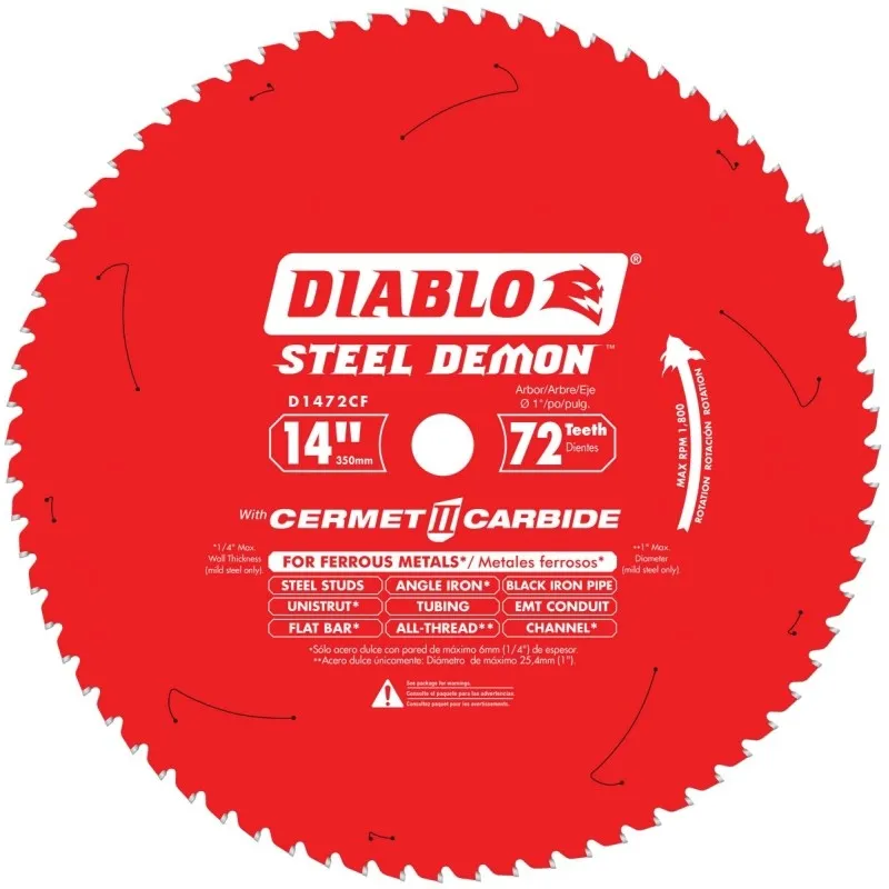 Diablo D1472CF Circular Saw Blade, 14 in Dia, 1 in Arbor, 72-Teeth, Cermet Cutting Edge