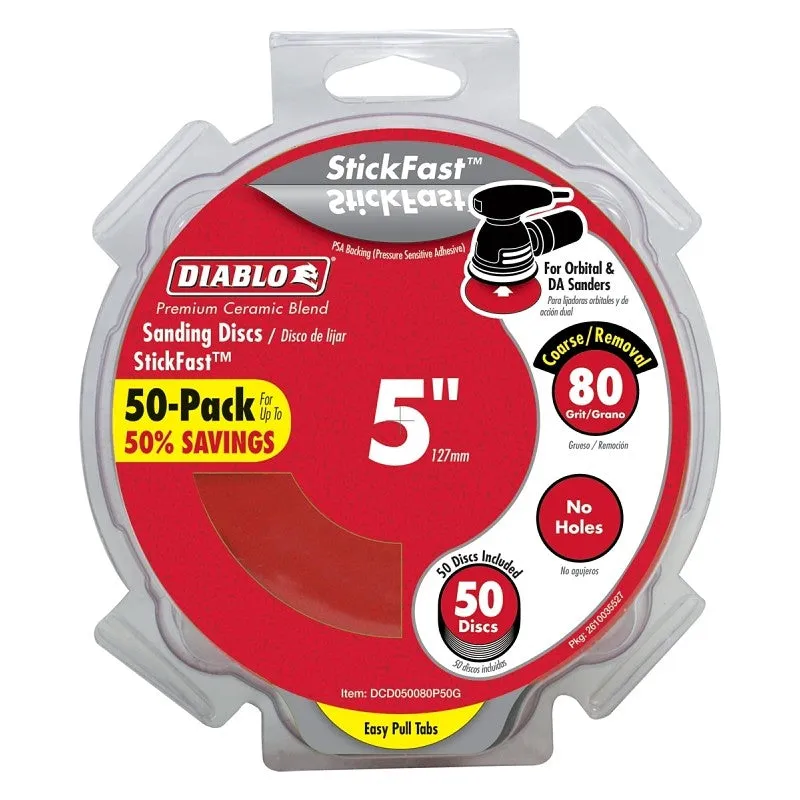 Diablo DCD050080P50G Sanding Disc, 5 in Dia, 80 Grit, Coarse, Ceramic Abrasive, Pressure-Sensitive Adhesive Backing