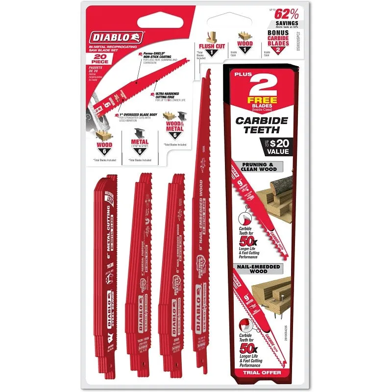 Diablo DS0020SPC2 Reciprocating Saw Blade Set, 20-Piece, Bi-Metal, Red