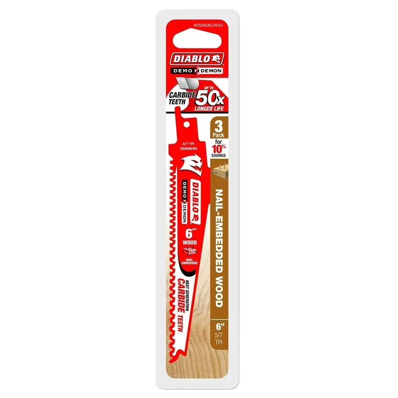 Diablo DS0606CWS3 Reciprocating Saw Blade, Applicable Materials: Nail-Embedded Wood, 1 in W, 6 in L, 6/9 TPI, 45-Teeth