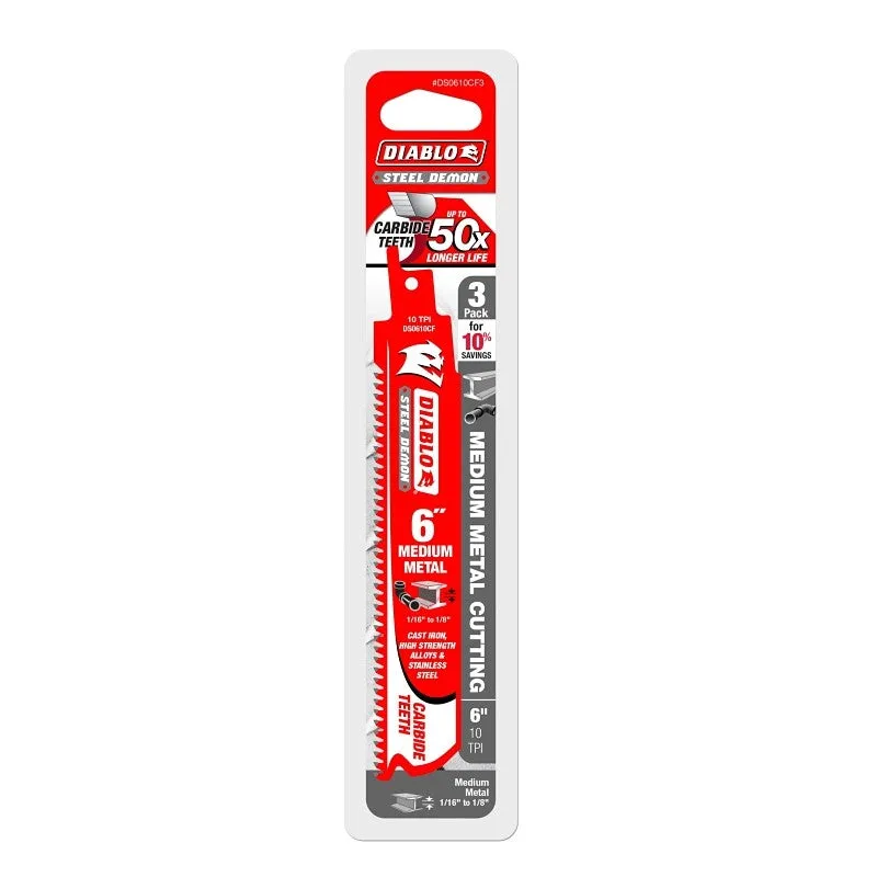 Diablo DS0610CF3 Series Reciprocating Saw Blade, Applicable Materials: Metal, 6 in L, 10 TPI, Carbide Cutting Edge, 3/PK