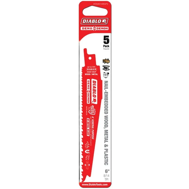 Diablo DS0614BGP5 Reciprocating Saw Blade, Bi-Metal, Applicable Materials: Metal, Plastic, Wood, 6 in L, 8/14 TPI
