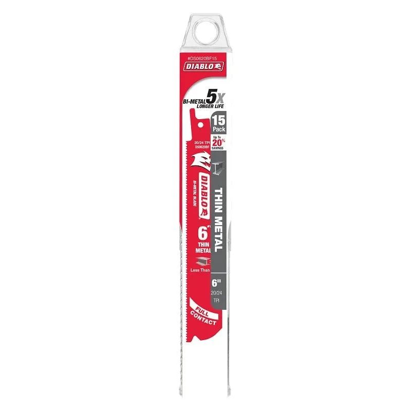 Diablo DS0620BF15 Reciprocating Saw Blade, 6 in L, 20, 24 TPI, Bi-Metal Cutting Edge
