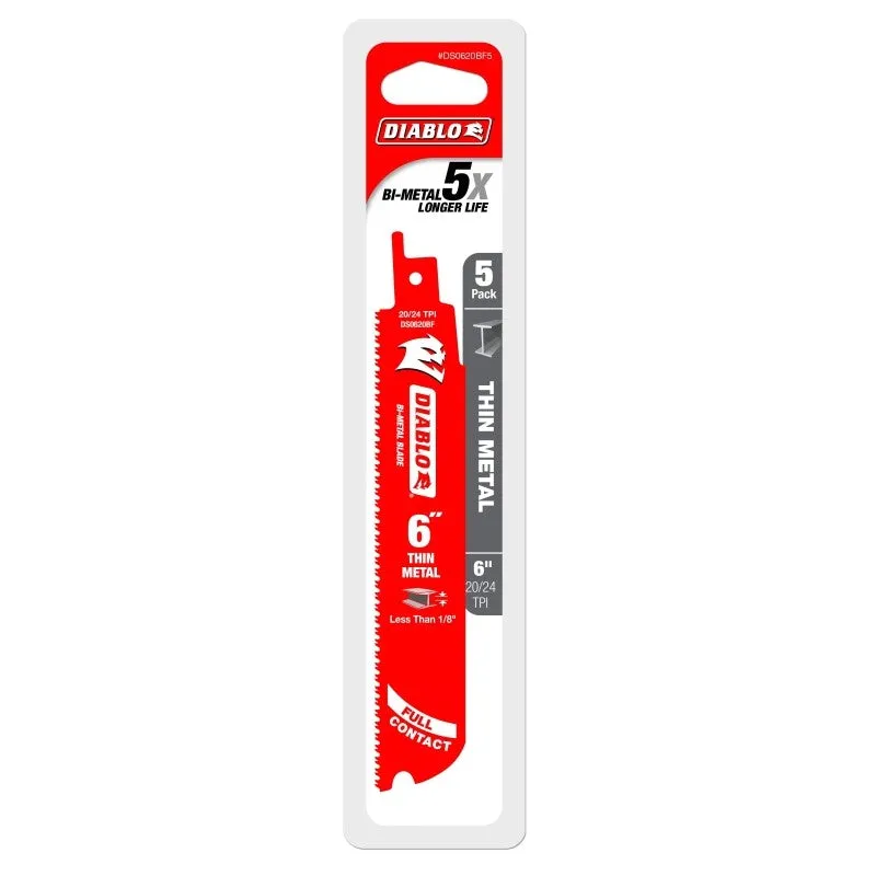 Diablo DS0620BF5 Series Reciprocating Saw Blade, Applicable Materials: Metal, 6 in L, 20/24 TPI, 5/PK