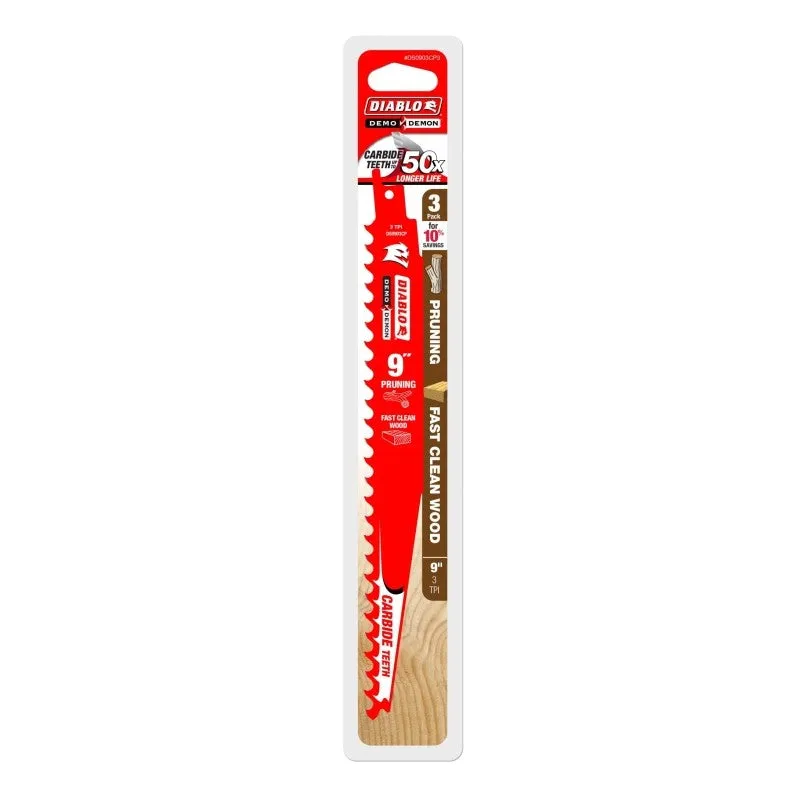 Diablo DS0903CP3 Series Reciprocating Saw Blade, Applicable Materials: Wood, 9 in L, 3 TPI, Carbide Cutting Edge, 3/PK