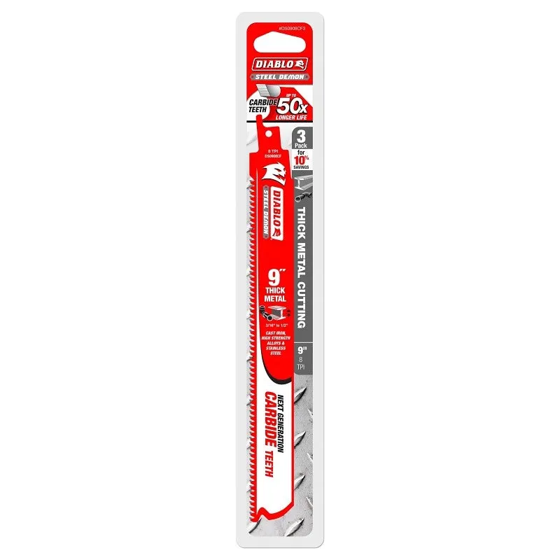 Diablo DS0908CF3 Reciprocating Saw Blade, 9 in L, 8 TPI