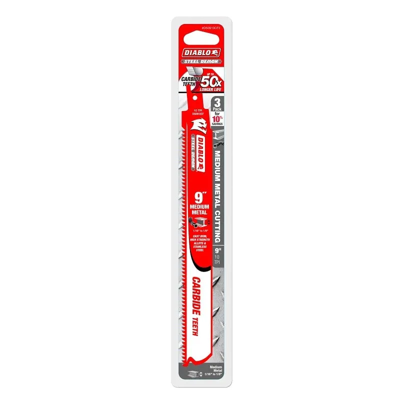 Diablo DS0910CF3 Series Reciprocating Saw Blade, Applicable Materials: Metal, 9 in L, 10 TPI, Carbide Cutting Edge, 3/PK