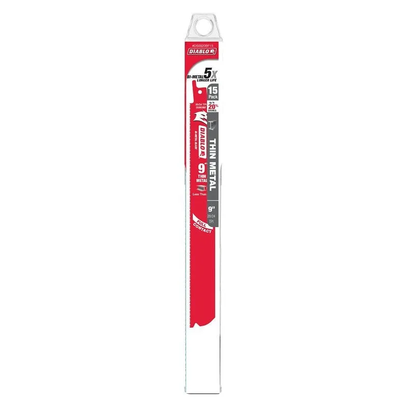 Diablo DS0920BF15 Reciprocating Saw Blade, 1 in W, 9 in L, 20, 24 TPI, Bi-Metal Cutting Edge