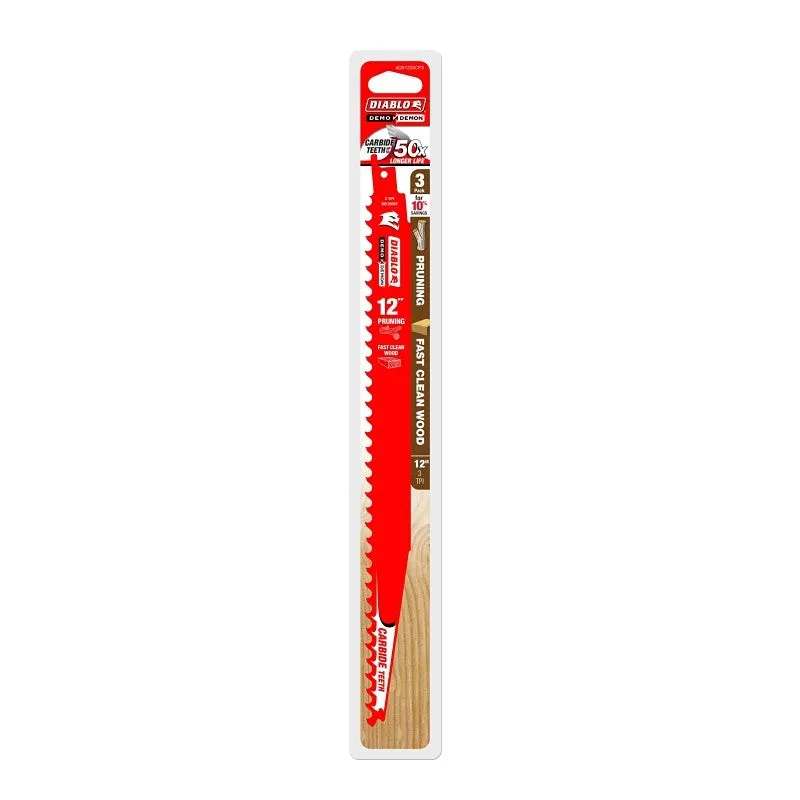 Diablo DS1203CP3 Series Reciprocating Saw Blade, Applicable Materials: Wood, 12 in L, 3 TPI, Carbide Cutting Edge, 3/PK