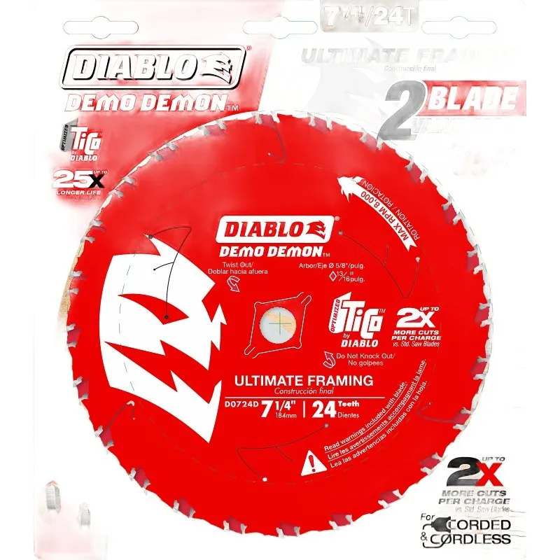 Diablo Demo Demon D0724DVPX Circular Saw Blade, 7-1/4 in Dia, 5/8 in Arbor, 24-Teeth, Carbide Cutting Edge (Pack of 10)