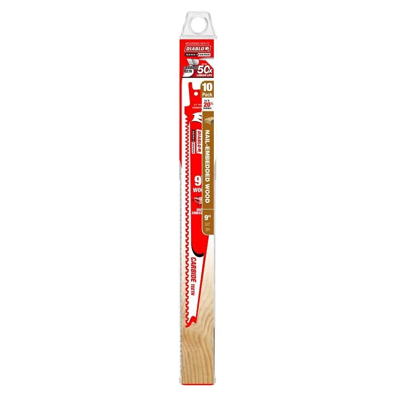 Diablo Demo Demon DS0906CWS10 Reciprocating Saw Blade, Applicable Materials: Clean Wood, 1 in W, 9 in L, 5, 7 TPI, 10/PK