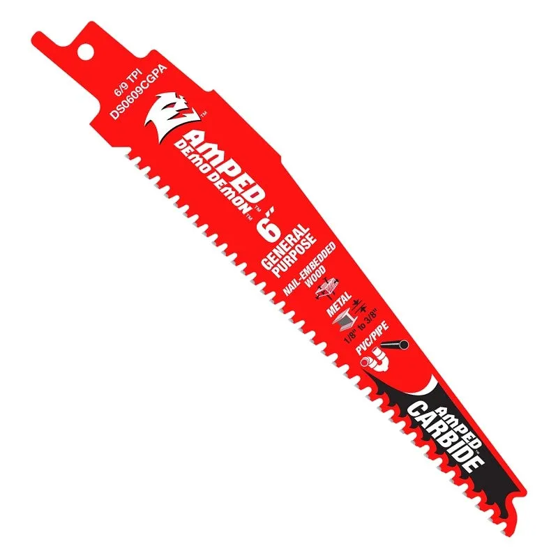 Diablo Steel Demon AMPED Series DS0609CGPA Reciprocating Saw Blade, 1 in W, 6 in L, 6/9 TPI, Carbide Cutting Edge, 1/PK
