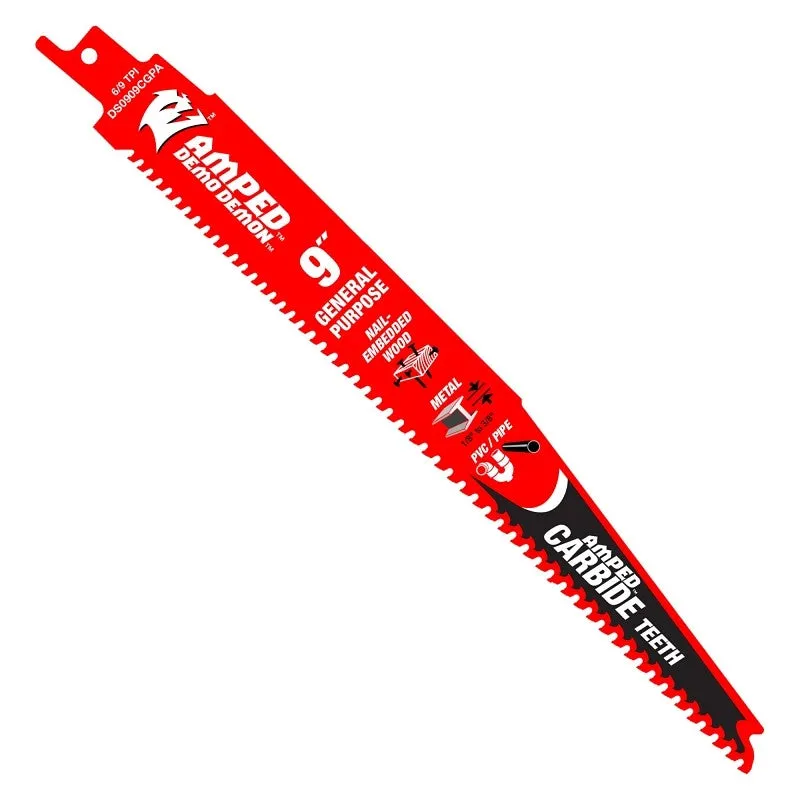 Diablo Steel Demon AMPED Series DS0909CGPA Reciprocating Saw Blade, 1 in W, 9 in L, 6/9 TPI, Carbide Cutting Edge, 1/PK