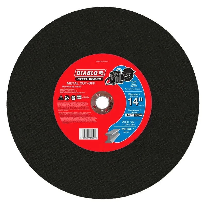 Diablo Steel Demon DBDS14125A01F High-Speed Cut-Off Disc, 14 in Dia, 1/8 in Thick, 1 in Arbor, Ceramic Abrasive