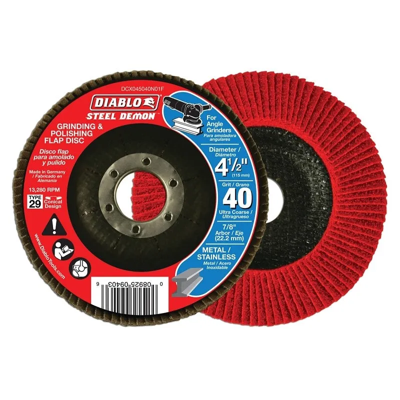 Diablo Steel Demon DCX045040N01F Flap Disc, 4-1/2 in Dia, 7/8 in Arbor, 40 Grit, Ultra Coarse (Pack of 5)