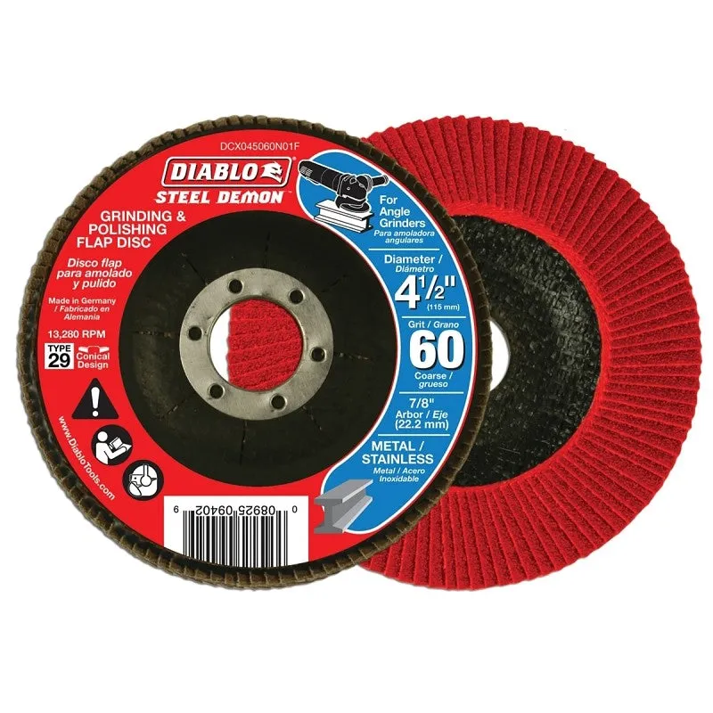 Diablo Steel Demon DCX045060N01F Flap Disc, 4-1/2 in Dia, 7/8 in Arbor, 60 Grit, Coarse, Zirconia Abrasive (Pack of 5)