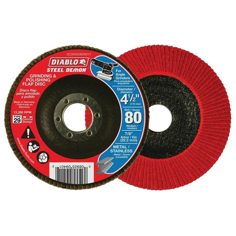 Diablo Steel Demon DCX045080N01F Flap Disc, 4-1/2 in Dia, 7/8 in Arbor, 80 Grit, Medium, Zirconium Oxide Abrasive (Pack of 5)