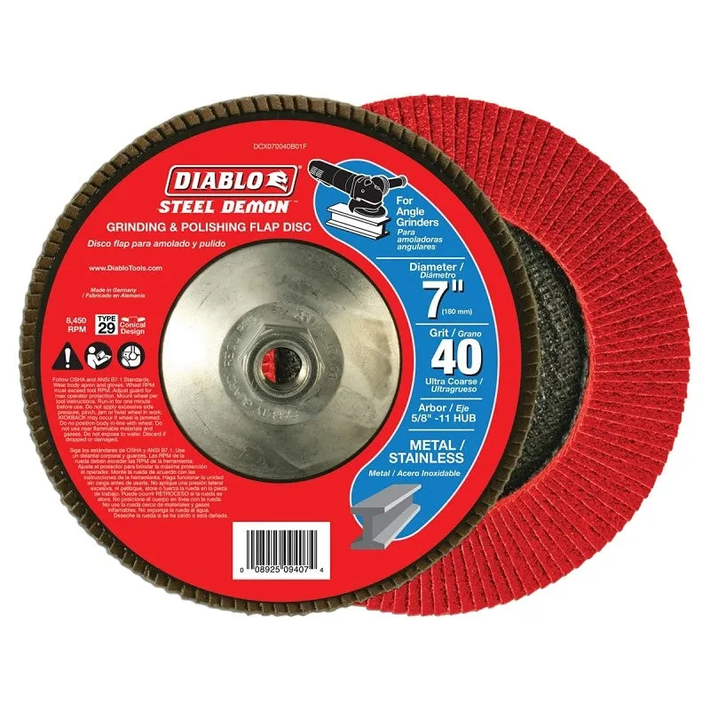 Diablo Steel Demon DCX070040B01F Flap Disc with Hub, 7 in Dia, 5/8-11 Arbor, 40 Grit, Ultra Coarse (Pack of 2)