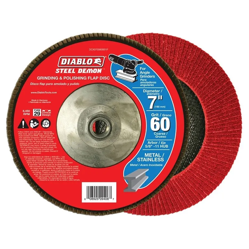 Diablo Steel Demon DCX070060B01F Flap Disc with Hub, 7 in Dia, 5/8-11 Arbor, 60 Grit, Coarse, Zirconia Abrasive