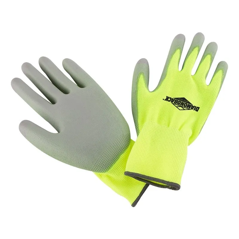 Diamondback PU6101 3-PAIR Touchscreen Hi Visibility Polyurethane Coated Palm Work Gloves, Yellow, Size: L (Pack of 12)