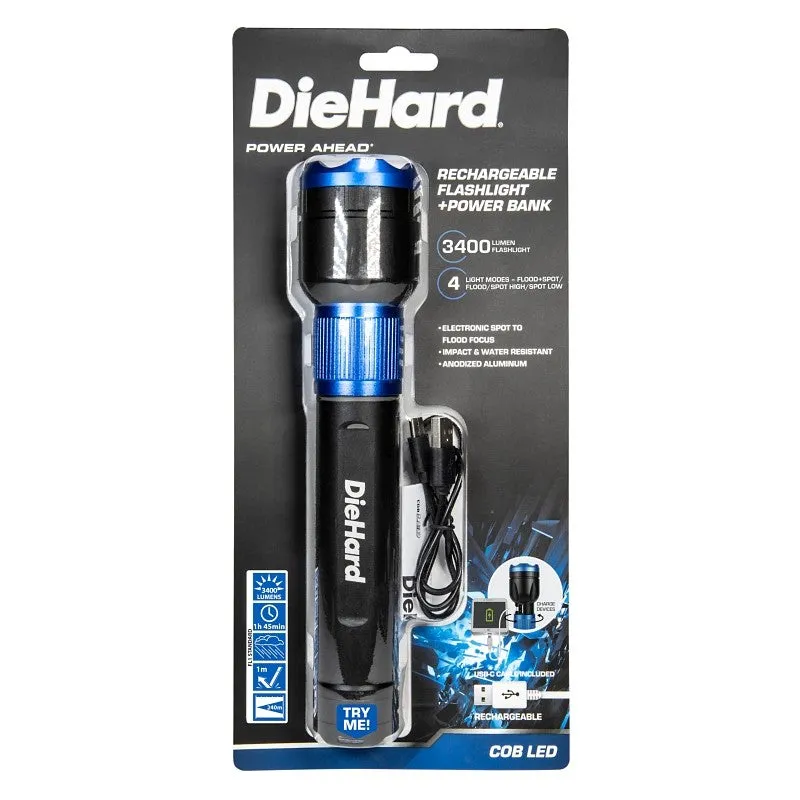 DieHard 41-6646 Flashlight, 3000 mAh, Lithium, Rechargeable Battery, LED Lamp, 3000, 600 Lumens Lumens, Black/Blue (Pack of 3)
