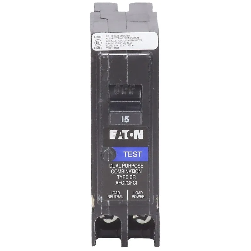 Eaton BRP115DF Circuit Breaker, AFCI, BR, GFCI, 15 A, 1-Pole, 120 VAC, Plug