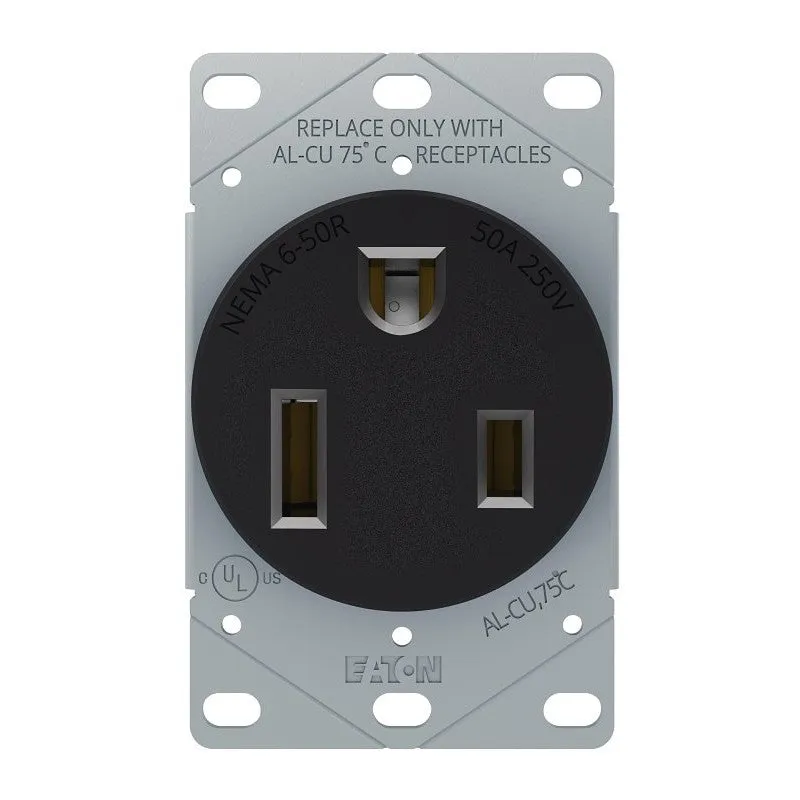 Eaton Cooper Wiring 1254-BOX Power Receptacle, 2-Pole, 250 V, 50 A, NEMA: NEMA 6-50R, Black
