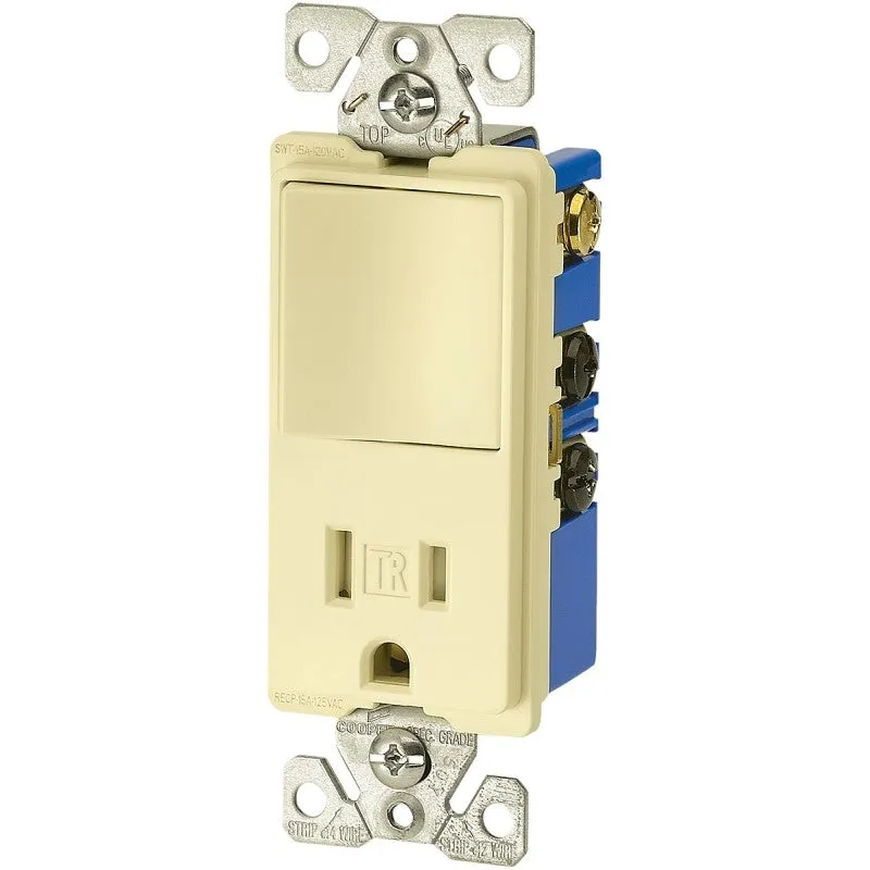 Eaton Cooper Wiring TR7730V Combination Switch/Receptacle, 1 -Pole, 15 A, 120/277 V, Ivory