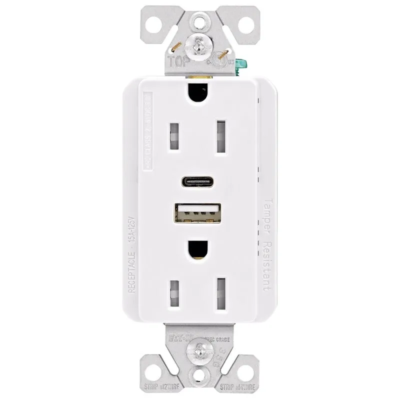 Eaton Cooper Wiring TRUSBAC15 TRUSBAC15W-K-L Receptacle, 2 -Pole, 5 A, 125 VAC, 2 -USB Port, Type A, C USB, White