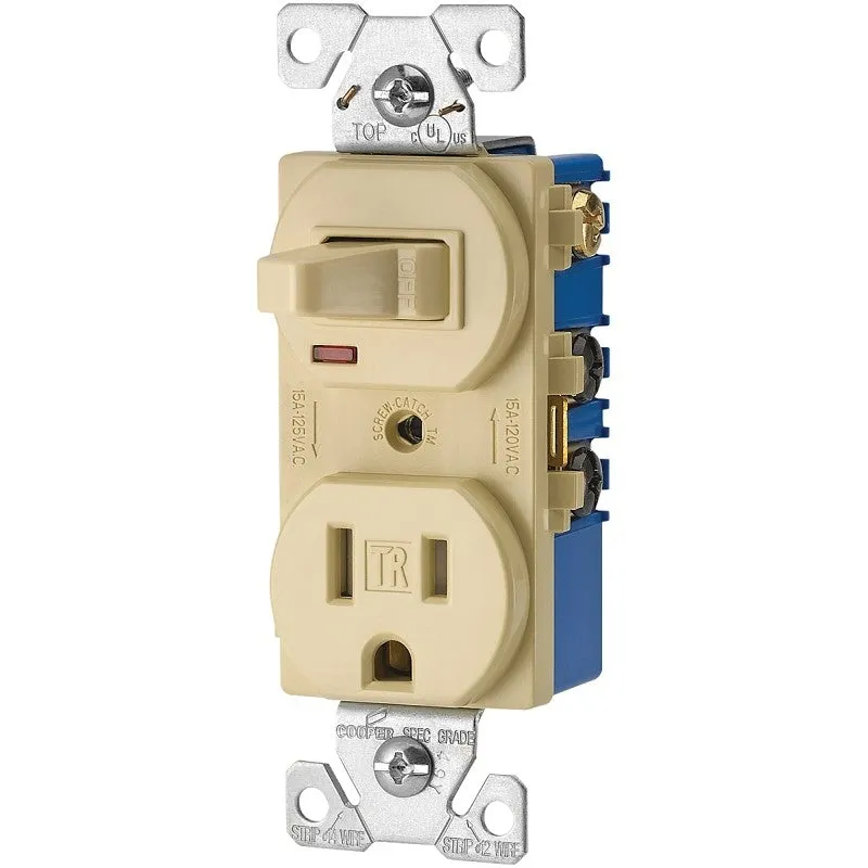Eaton TR274V Combination Switch, 1-Pole, 15 A, 120/125 V, NEMA: NEMA 5-15R, Ivory