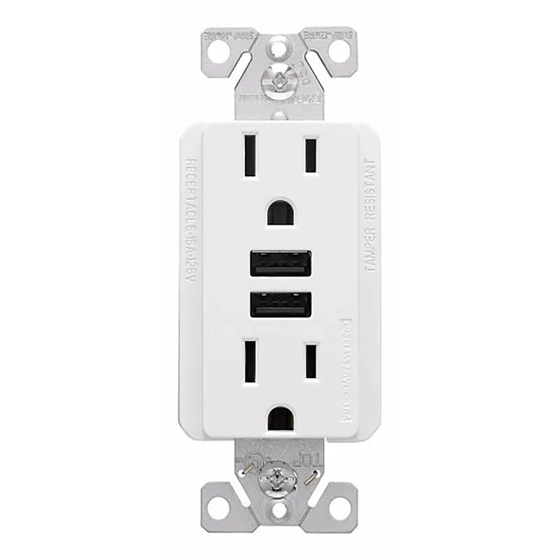 Eaton TR7765W-KB-L Series USB Combination Receptacle, White, 2-Pole, 15 A at 125 VAC, 3.6 A at 5 VDC, 125 VAC, 5 VDC