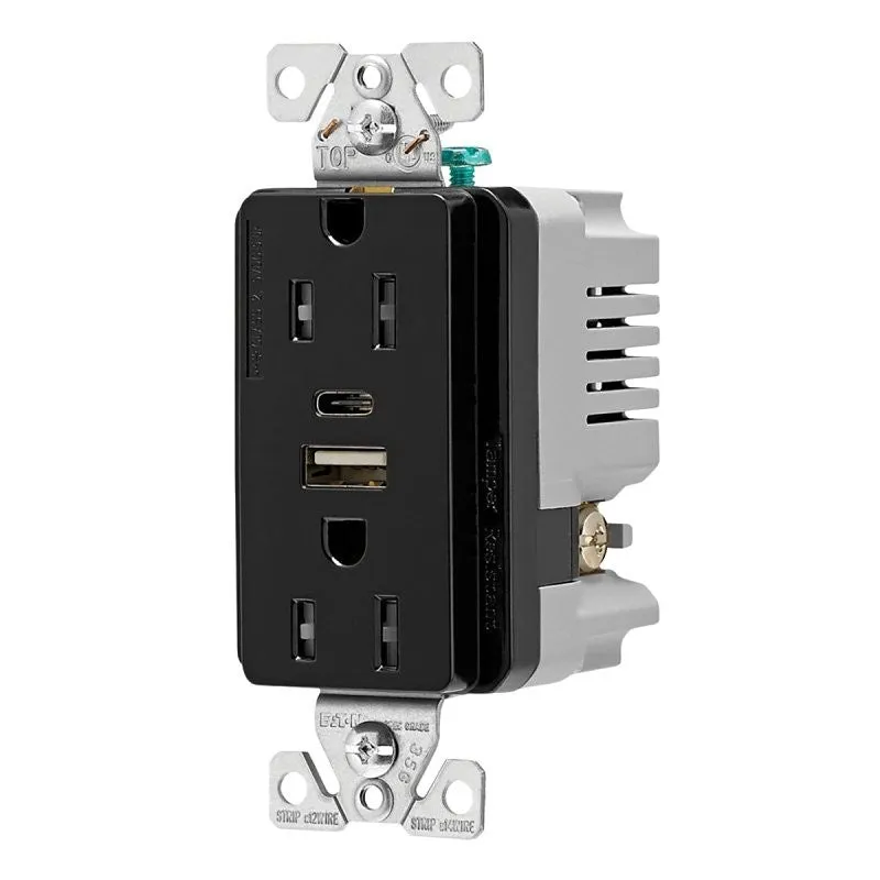 Eaton TRUSBAC15BK-KB-L Combination USB Receptacle, 2-Pole, 15 A, 125 V, 2-USB Port, Type A, C USB, NEMA: 5-15R, Black (Pack of 4)