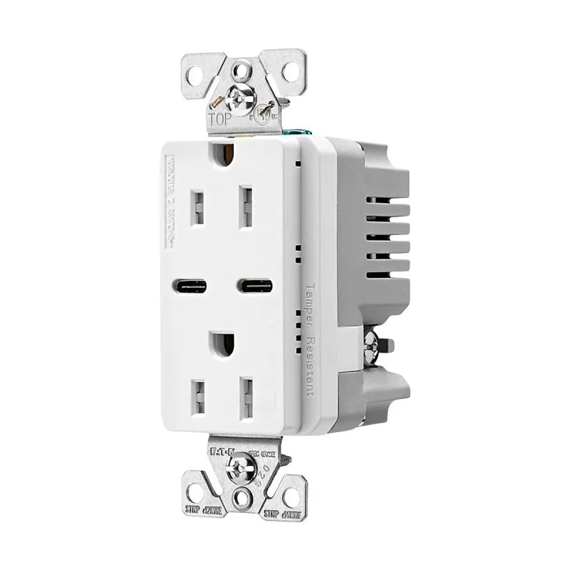 Eaton TRUSBC15W-K-L Combination USB Receptacle, 2-Pole, 15 A, 125 V, 2-USB Port, Type C USB, NEMA: NEMA 5-15R, White (Pack of 4)