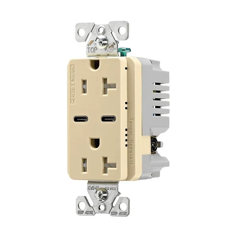 Eaton TRUSBC20V-BOX Combination USB Receptacle, 2-Pole, 20 A, 125 V, 2-USB Port, Type C USB, NEMA: 5-20R, Ivory (Pack of 10)