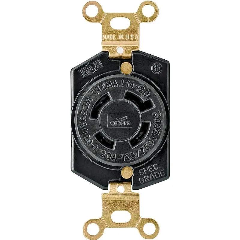 Eaton Wiring Devices L1420R Single Receptacle, Flush Mounting, 3-Pole, 125/250 V, 20 A, Back and Side Wiring, Black