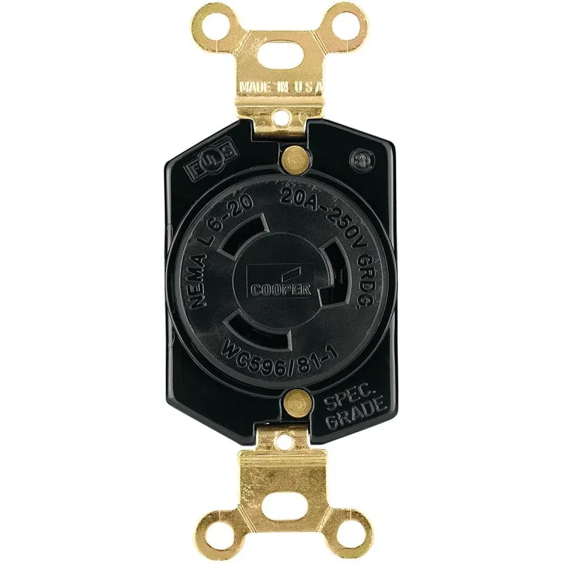 Eaton Wiring Devices L620R Single Receptacle, 2 -Pole, 250 V, 20 A, Back and Side Wiring, NEMA: NEMA L6-20, Black
