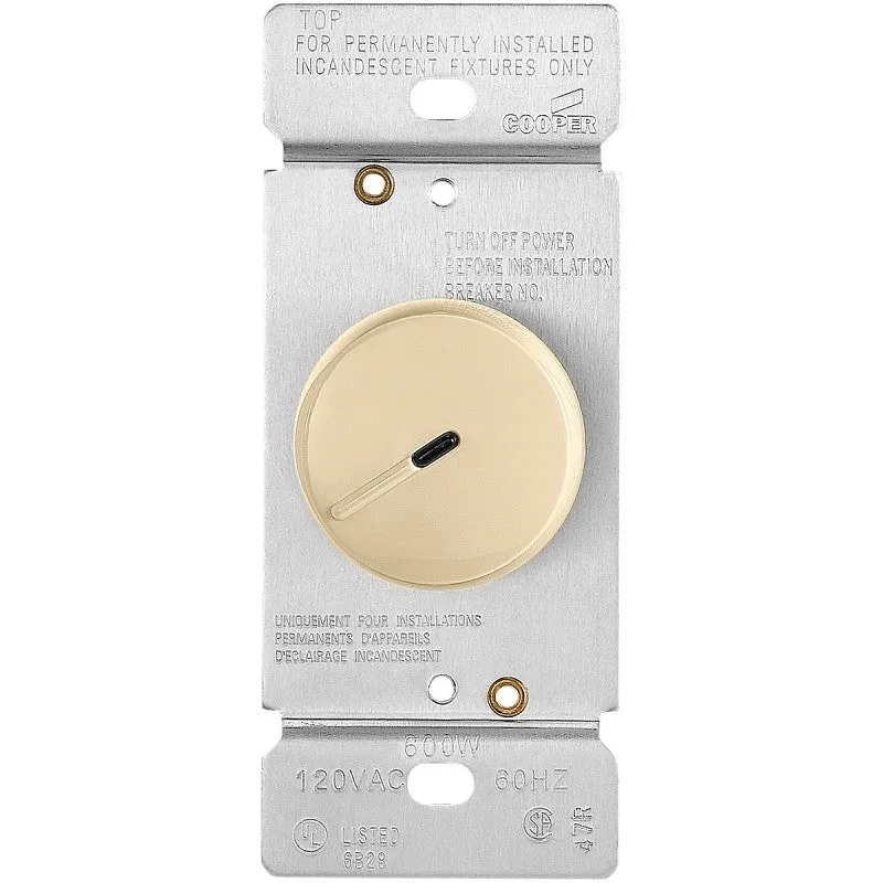 Eaton Wiring Devices RI06PL-V-K Rotary Dimmer, 120 V, 600 W, Halogen, Incandescent Lamp, White