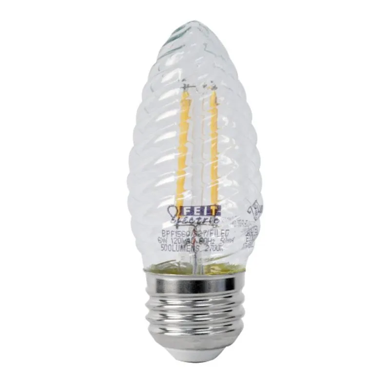 Feit Electric BPF1560/850/FILED LED Bulb, 120 V, 500 Lumens, 6 W, F15 Lamp, 60 W Equivalent, E26 Lamp Base, Clear (Pack of 6)