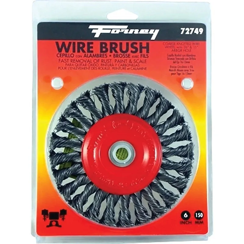 Forney 72749 Wire Wheel Brush, 6 in Dia, 1/2 to 5/8 in Arbor/Shank, Twist Knot Bristle, 0.012 in Dia Bristle