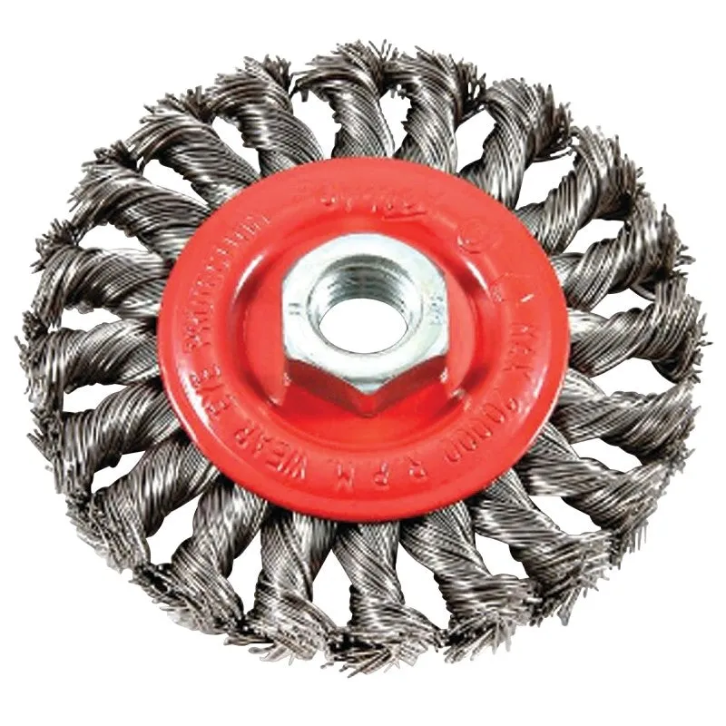 Forney 72759 Wire Wheel Brush, 4 in Dia, 5/8-11 Arbor/Shank, Twist Knot Bristle, 0.02 in Dia Bristle