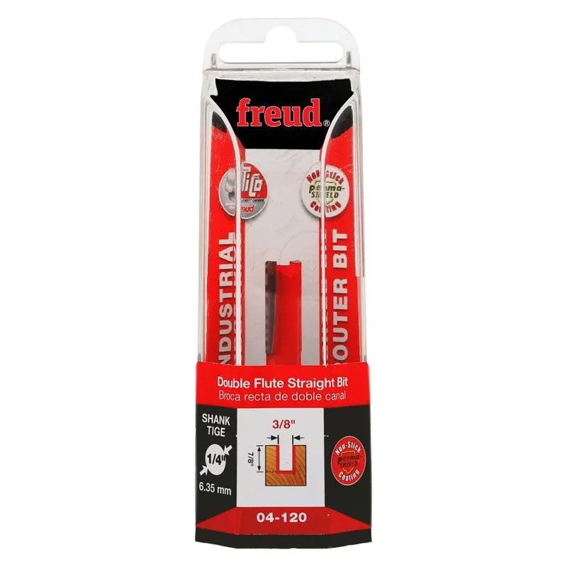 Freud 04-120 Double Flute Straight Bit, 3/8 in Dia Cutter, 7/8 in L Cutting, 1-7/8 in OAL, 1/4 in Dia Shank, 2-Cutter