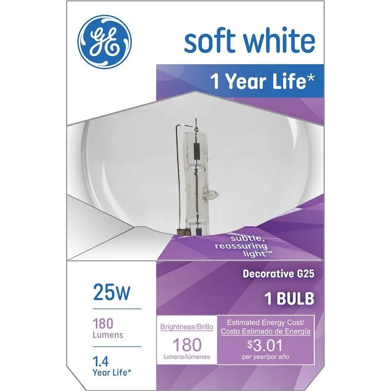 GE 12982 Light Bulb, CC-6 Filament, 3.12 in Dia x 4.5 in L Dimensions, 25 W, G25 Lamp, E26 Medium Lamp Base, 180 Lumens (Pack of 6)