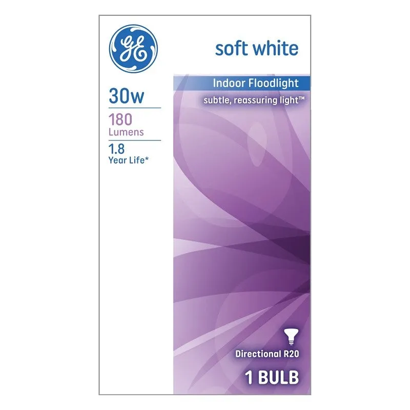 GE 14891 Light Bulb, 30 W, R20 Lamp, E26 Medium Lamp Base, 180 Lumens, 2600 K Color Temp, Soft White Light (Pack of 6)