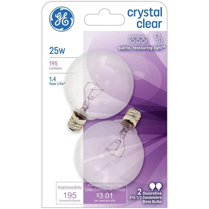 GE 17722 Light Bulb, 25 W, G16.5 Lamp, E12 Candelabra Lamp Base, 220 Lumens, 2500 K Color Temp, Soft White Light (Pack of 6)