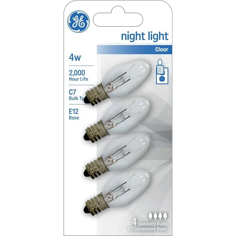 GE 20572 Night Light Bulb, 4 W, E12 Candelabra Lamp Base, C7 Lamp, 16 Lumens, 2000 hr Average Life (Pack of 12)