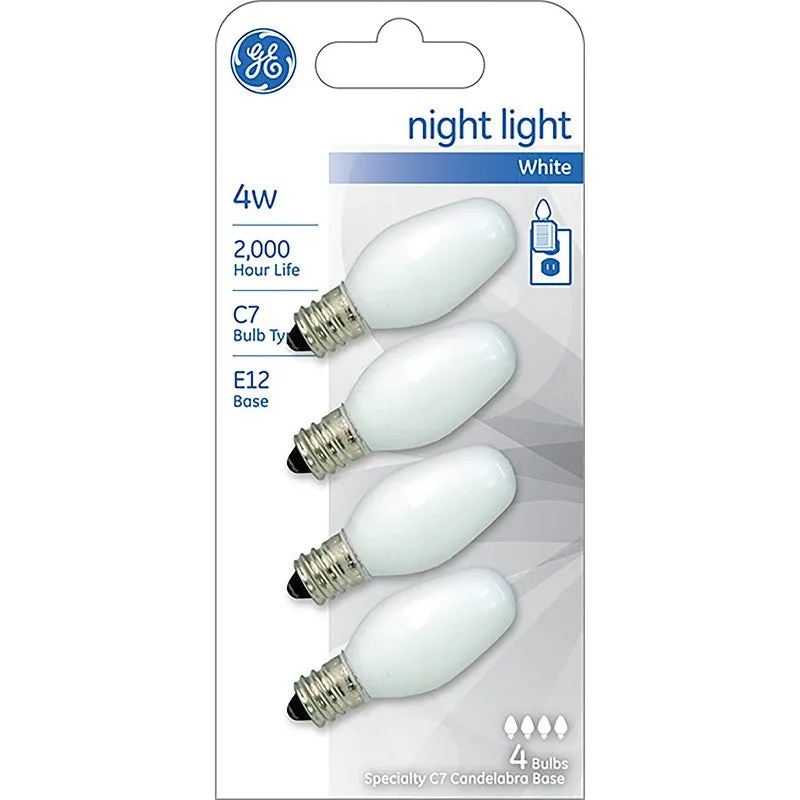 GE 20573 Night Light Bulb, 4 W, E12 Candelabra Lamp Base, C7 Lamp, White Light, 14 Lumens, 2000 hr Average Life (Pack of 6)
